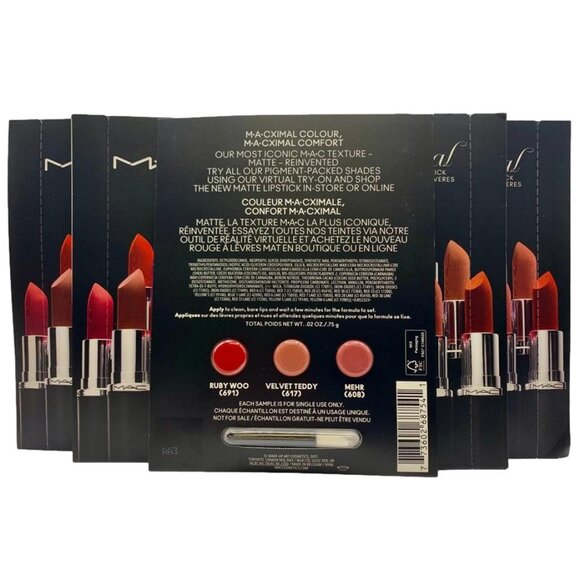 5X MAC 3 Macximal Matte Lipstick Ruby Woo Velvet Teddy Mehr Try On Sample Shades - Picture 2 of 5